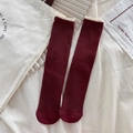 Japanese style wine red ribbed knit socks with delicate white lace trim for women - Burgundy