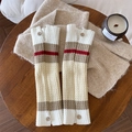 Striped knit leg warmers in brown and red with button details on a cozy wood setting - One Size / White Combo (Cream/Red/Coffee Stripes)