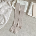 Japanese style vertical striped knee high socks in oat beige knit for women - One Size / Khaki