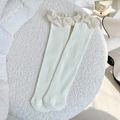 White ribbed crew socks featuring delicate lace ruffles for a sweet vintage style - One Size / White