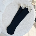 Sweet black ribbed knee socks with delicate white lace trim in Lolita style - One Size / Black