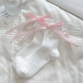 Calcetines blancos con encaje y lazos rosas para zapatos Lolita Mary Jane - Talla única / Blanco con lazo rosa