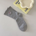 Gray cotton crew socks with pink bow embroidery and stylish rolled edge finish - One Size / Gray