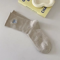 Beige mid-calf socks with blue bow embroidery and vintage speckled texture fabric - One Size / Brown
