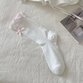 White knit ruffle socks with pink ribbon bows and delicate lettuce edge trim - White (Pink Bow)