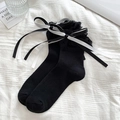 Calcetines negros estilo Lolita con encaje blanco y lazos dobles para mujer - Talla única / Negro con lazo blanco y negro