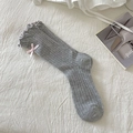 Light gray ribbed crew socks with lace trim and pink ribbon bow in sweet ballet style - Grey (Pink Bow)
