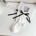 White JK calf socks with 3D butterfly weave and long black satin ribbon bows - White With Large Black Bow