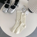 Calcetines de algodón blanco roto con textura de punto de ochos vintage y puños - Estilo Corazón / Corazón Blanco