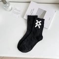 Japanese style black mid-calf socks with white bows and heart jacquard pattern - Black Double Bow