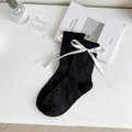 Black Japanese JK knee high socks with white satin bows and butterfly jacquard pattern - Black With Large White Bow