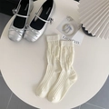 Beige thin hollow mesh slouch socks with knit texture and vertical ribbed finish - Small Flower White