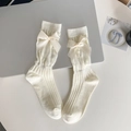 Calze lolita bianco crema con grandi fiocchi di raso e trame jacquard traforate eleganti - Taglia unica / Bianco Crema (Motivo a Fiori)