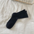 Black Japanese style crew socks with multicolored tweed spots and lettuce trim cuffs - Black
