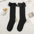 Calcetines altos Lolita negros con delicados volantes de encaje y lazos de satén - Talla única / Negro