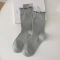 Minimalist grey ribbed cotton crew socks with delicate ruffled trim for women - Light Gray