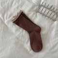 Deep brown mid-calf socks with beige ruffled edges and ribbed knit texture - Dark Coffee