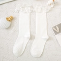 Calcetines altos Lolita blancos con ribete de encaje y lazos de cinta satén - Talla única / Blanco