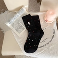 Simpatiche calze nere a pois colorati con ricamo di un cucciolo bianco per ragazze - Taglia unica / Pois su sfondo nero