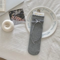 Gray ribbed knit mid-tube socks with elegant ribbon bow and ruffled lace edges - One Size / Ribbed Grey