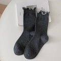 Deep grey cotton blend mid-calf socks with double-layered ruffled cuffs and knit texture - Dark Gray