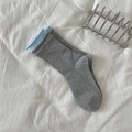 Grey mid-calf cotton knit socks with light blue double cuff and ribbed texture detail - Light Gray