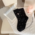 Black mid-calf cotton socks featuring pink heart patterns and cute animal embroidery detail - One Size / Black Heart Pattern