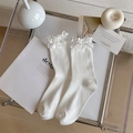 Sweet Lolita style white knit mid-calf socks with double-layered lace ruffle trim - One Size / White