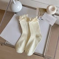 Creamy white Lolita mid-calf socks featuring layered lace ruffles and a sweet vintage style - One Size / Beige