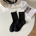 Schwarze mittellange Socken mit weißer Spitze und vertikalem Strickmuster aus Baumwolle - Einheitsgröße / Schwarz