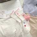 White cotton mid-calf socks with pink rabbit patterns and stylish contrast heel and toe - Rabbit