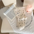 Cream white ribbed mid-calf socks with black heart print and cute cat embroidery - One Size / White With Heart