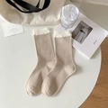 Beige mid-calf socks with white lace trim and vertical knit texture for women - One Size / Khaki