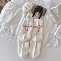 Ballet style cream socks with pink bows and small pearls in a vintage aesthetic - One Size / White Base Pink Bow