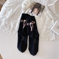 Black Japanese ballet style cotton socks with pink ribbon bows and pearl details - One Size / Black Base Pink Bow