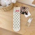Chaussettes blanches à pois avec nœud en velours rose et bordure à volants femme - Base Blanche Noeud Rose