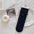 Sweet black ballet style mid-tube socks with white polka dots and lace bow detail - One Size / Black Polka Dot