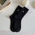 Black vertical striped mid-calf socks with white embroidered heart detail and minimalist style - One Size / Black