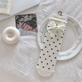 Chic beige mid-calf socks with black polka dots, delicate lace trim and ribbon bows - One Size / White Polka Dot