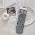 Sweet grey crew socks with black polka dots, lace trim, and a delicate satin bow detail - One Size / Polka Dot Grey