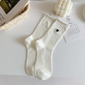 Creamy white ribbed knit crew socks with side black heart embroidery detail - One Size / Creamy White