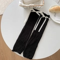 Jambières tricotées noires de style japonais avec détails de nœuds en satin blanc - Noir