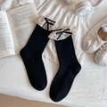 Black cotton socks with cream lace trim and elegant black satin bows in retro style - One Size / Black
