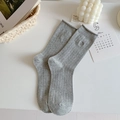 Grey vertical striped socks for women featuring delicate heart embroidery detail - One Size / Light Gray
