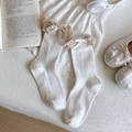 White cotton crew socks with beige lace trim and delicate ribbon bow in vintage style - One Size / White