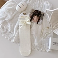 Beige ribbed knit crew socks with lace trim and elegant ribbon bow decoration - One Size / White Vertical Stripes