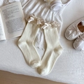 Creamy white crew socks with delicate lace trim and ribbon bow in balletcore style - One Size / Beige