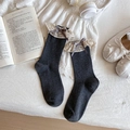 Dark grey cotton mid-calf socks featuring beige lace trim and a sweet ribbon bow - One Size / Gray