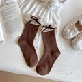 Japanese style brown crew socks featuring delicate lace trim and silk bow details - One Size / Coffee