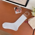 White lace mesh mid-calf socks with vintage hollow knit floral patterns for women - White